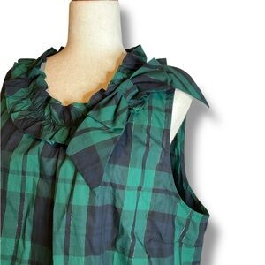 Talbots Green Tartan Plaid Ruffle Bow Round Neck Sleeveless Blouse Size XLarge